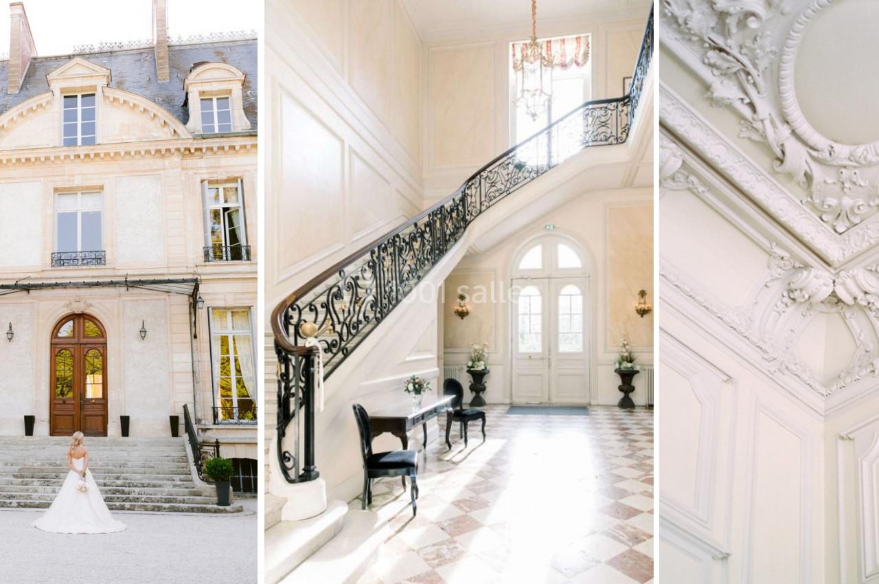 Photo d'un bâtiment élégant avec façade classique, escalier intérieur en fer forgé et détails de moulures décoratives.