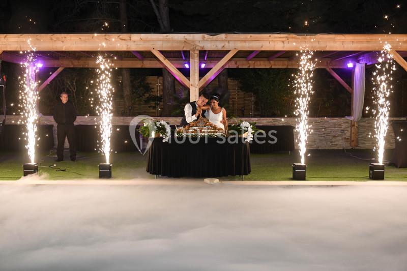 Un couple coupe un gâteau de mariage sous une pergola illuminée, entouré de jets d'étincelles et de fumée au sol.