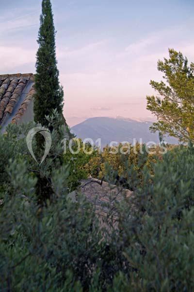 Paysage méditerranéen avec un toit en tuiles, un cyprès, des arbustes et une montagne à l'horizon sous un ciel clair.