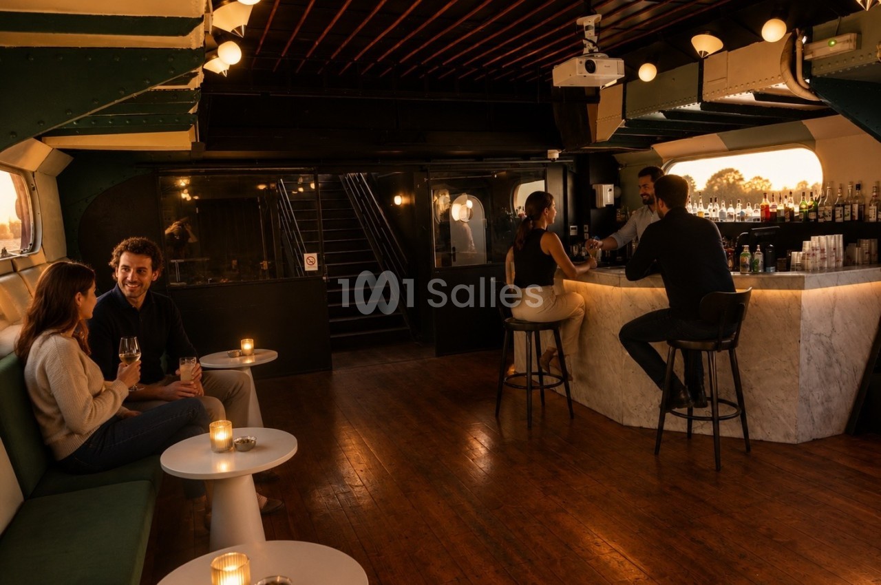 Un bar élégant avec des clients discutant autour de tables et du comptoir, éclairé par une lumière tamisée.