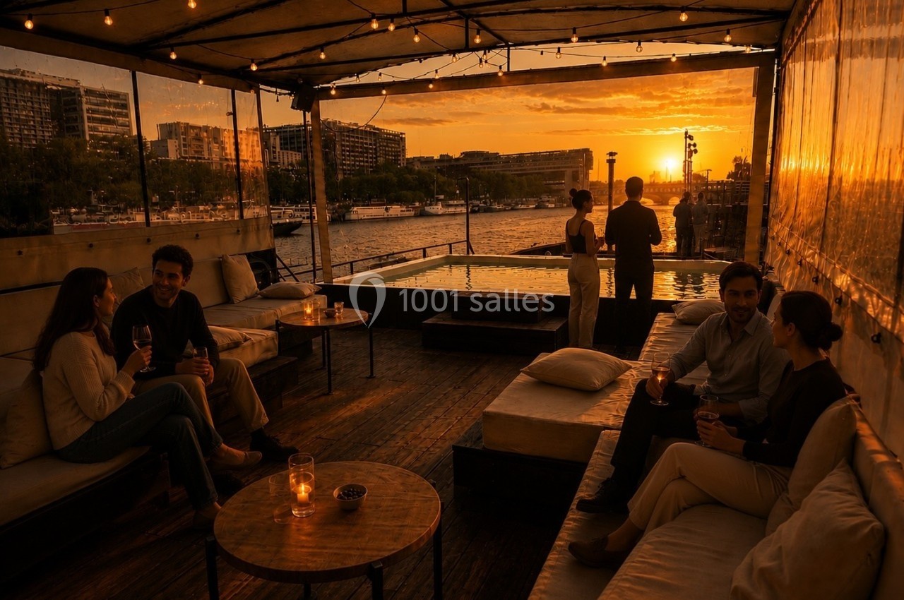 Terrasse en bois avec des personnes discutant autour de tables, vue sur un coucher de soleil et un bassin en arrière-plan.