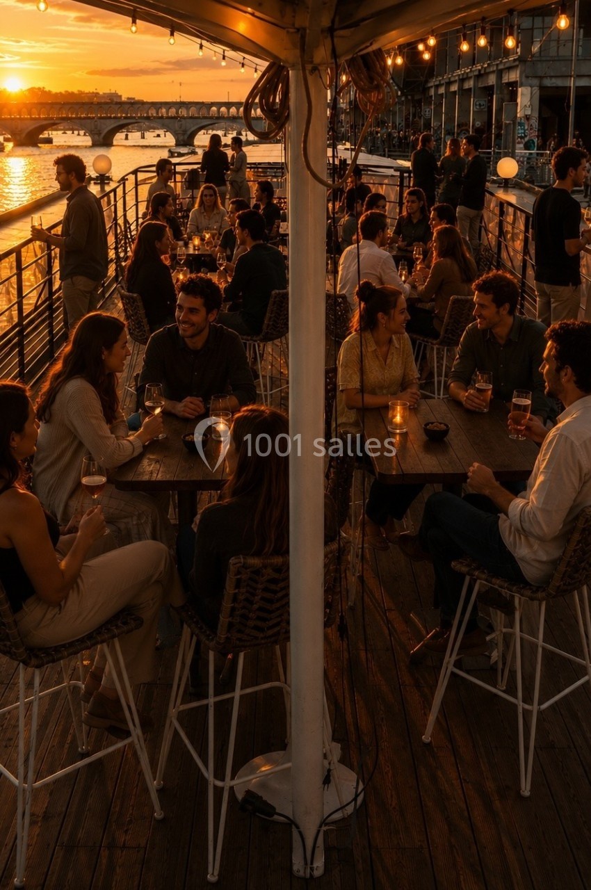 Des personnes dînent et discutent sur une terrasse en bord de rivière au coucher du soleil, ambiance chaleureuse.