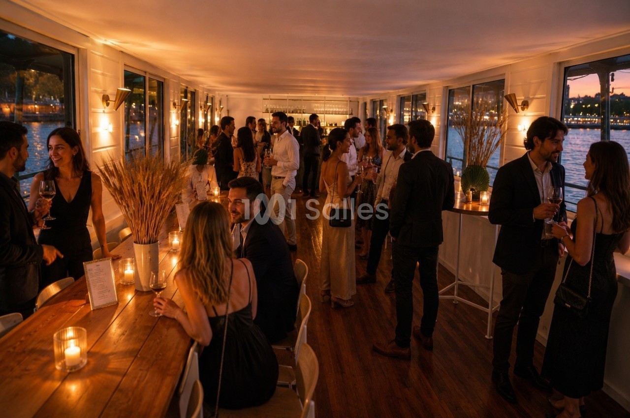 Personnes discutant et partageant un moment convivial lors d'une soirée élégante dans un espace éclairé à la bougie.