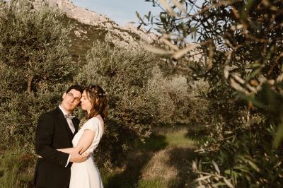 Miniature Location salle Eyguières (Bouches-du-Rhône) - Domaine du Vallon des Glauges #34 Un couple en tenue de mariage pose dans un champ d'oliviers sous une lumière douce.