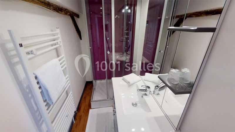 Location salle Argueil (Seine-Maritime) - Domaine de Clairval #30 Salle de bain moderne avec douche vitrée, lavabo blanc, miroir, sèche-serviettes et poutres en bois apparentes.