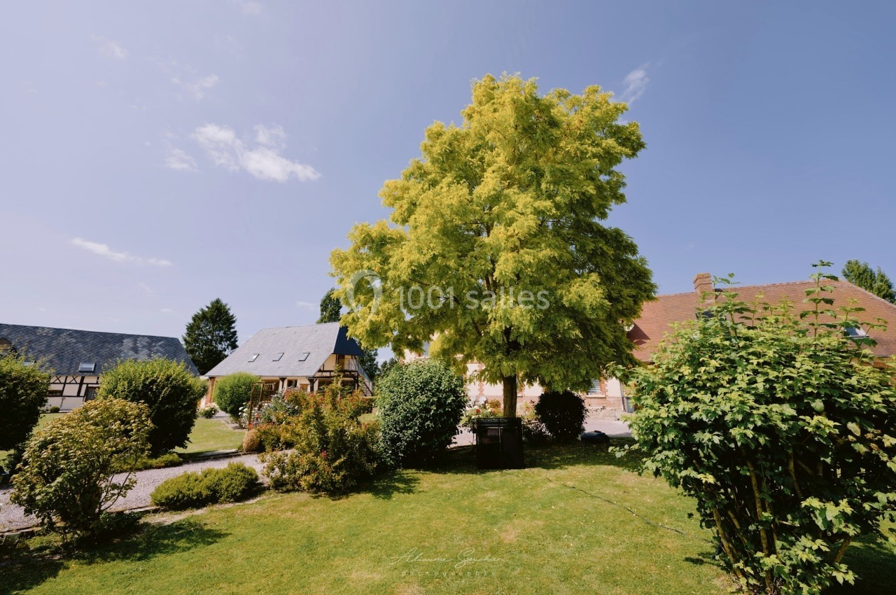 Location salle Argueil (Seine-Maritime) - Domaine de Clairval #8 Arbre au feuillage dense dans un jardin verdoyant, entouré de buissons et de maisons à l'architecture traditionnelle.