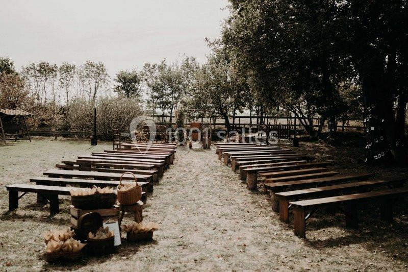 Bancs en bois disposés en rangées dans un espace extérieur entouré d'arbres, préparé pour un événement.