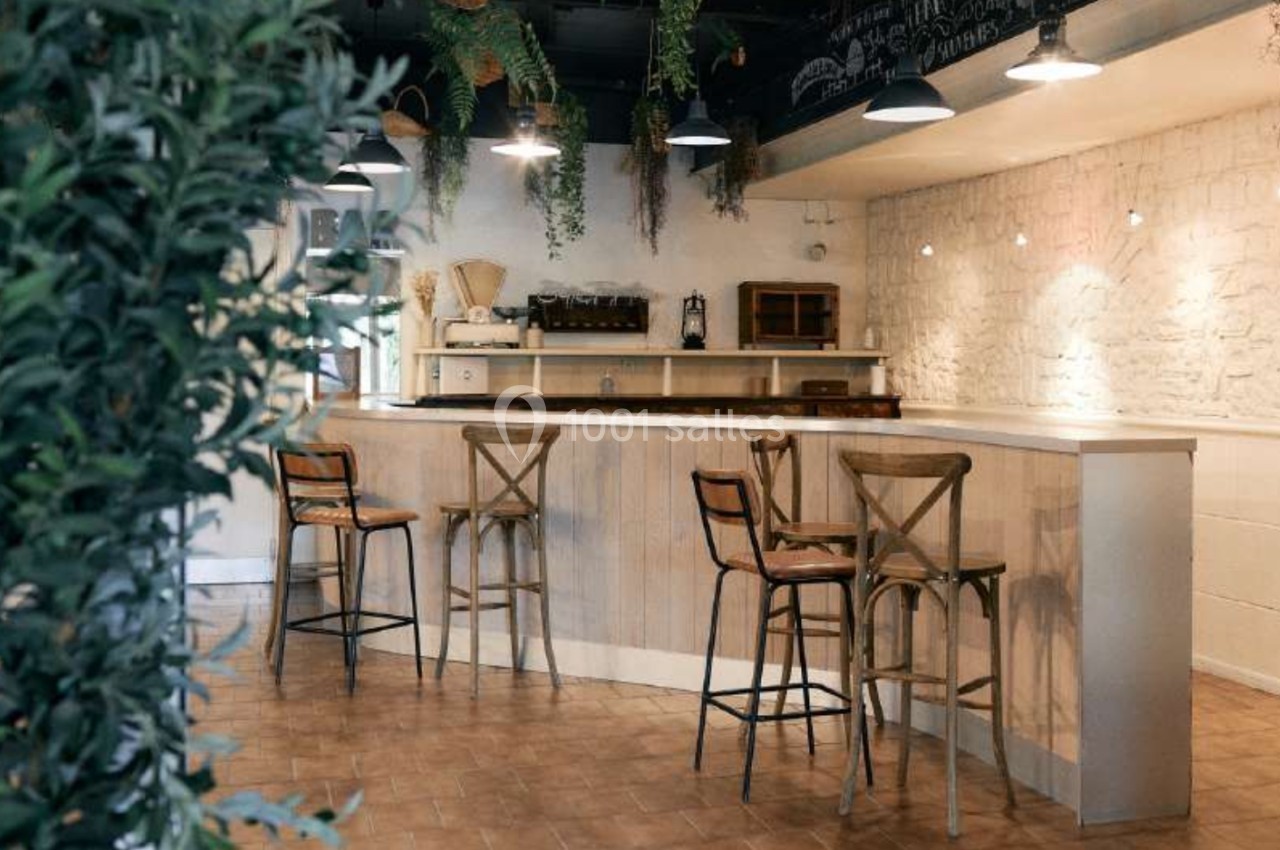 Comptoir de bar en bois avec tabourets hauts, plantes suspendues et éclairage tamisé dans un espace intérieur lumineux.
