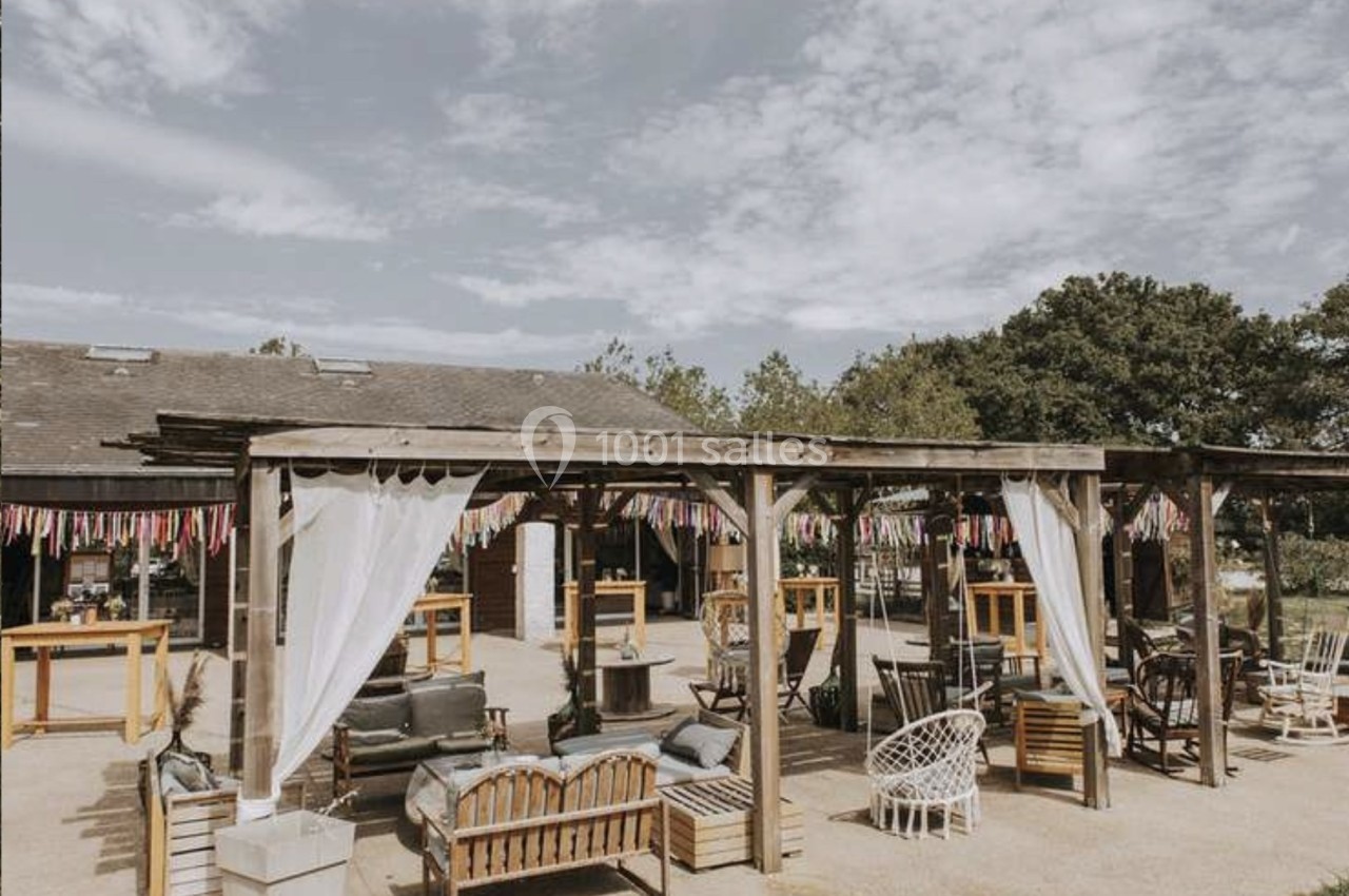 Terrasse extérieure avec pergolas en bois, mobilier de jardin varié et ciel partiellement nuageux en arrière-plan.