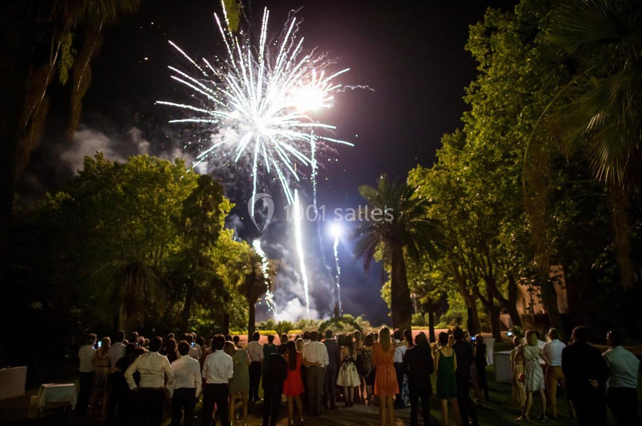Location salle Le Cannet-des-Maures (Var) - Château Colbert Cannet #14 Groupe de personnes regardant un feu d'artifice dans un jardin, entouré d'arbres, en soirée.