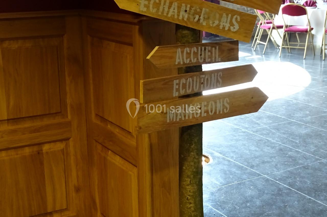 Location salle Anhée (Namur) - Ferme de l'Abbaye de Moulins #24 Panneau en bois avec des flèches indiquant des mots comme ’Identifions’, ’Improvisons’, ’Échangeons’, dans une salle.