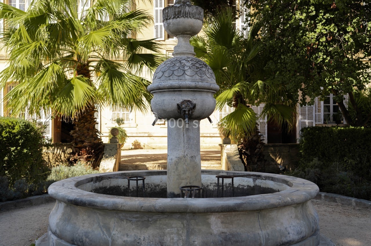Fontaine en pierre ancienne entourée de végétation, avec des palmiers et un bâtiment en arrière-plan.
