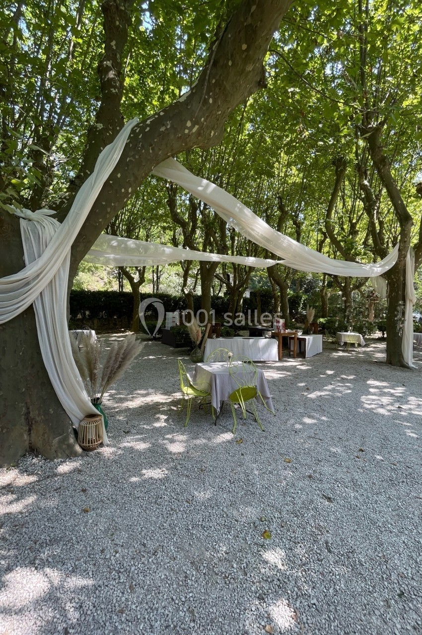 Tables dressées sous des arbres avec des voilages blancs suspendus, dans un espace extérieur ombragé et gravillonné.