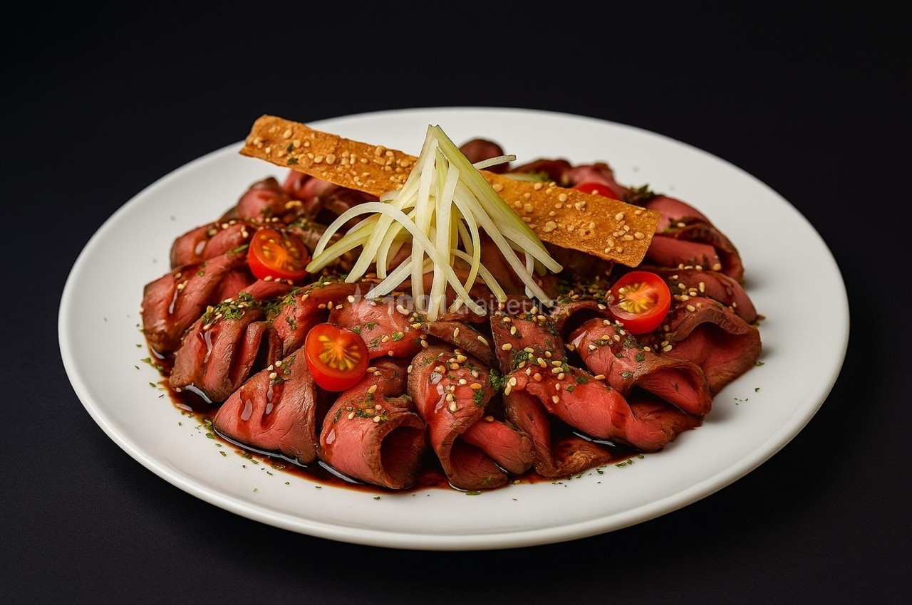 Assiette de carpaccio de bœuf garni de tomates cerises, julienne de légumes, graines de sésame et un biscuit croustillant.