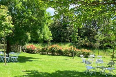 Jardin avec pelouse, arbres et pot en terre cuite au premier plan, éclairé par une lumière douce en fin de journée.
