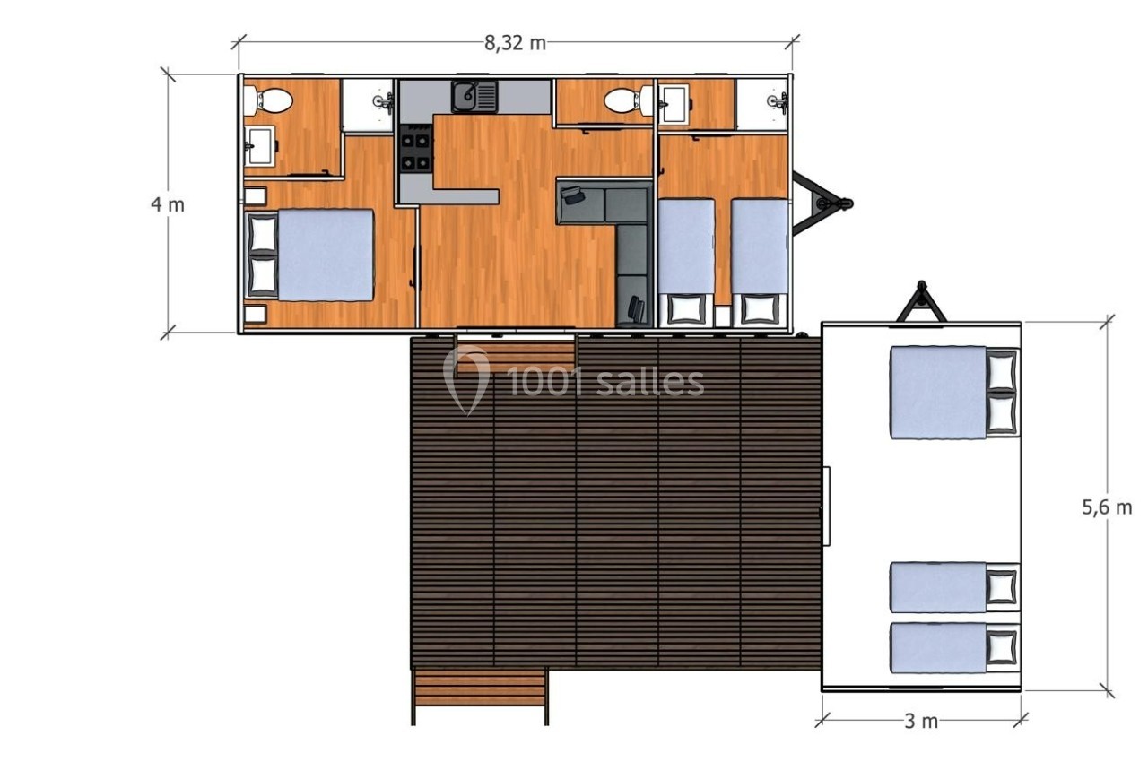 Location salle Monferran-Savès (Gers) - Le Meillon #25 Plan d'un logement avec deux chambres, une cuisine, une salle de bain et une terrasse en bois avec dimensions indiquées.