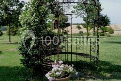 Jardin avec pelouse, arbres et pot en terre cuite au premier plan, éclairé par une lumière douce en fin de journée.