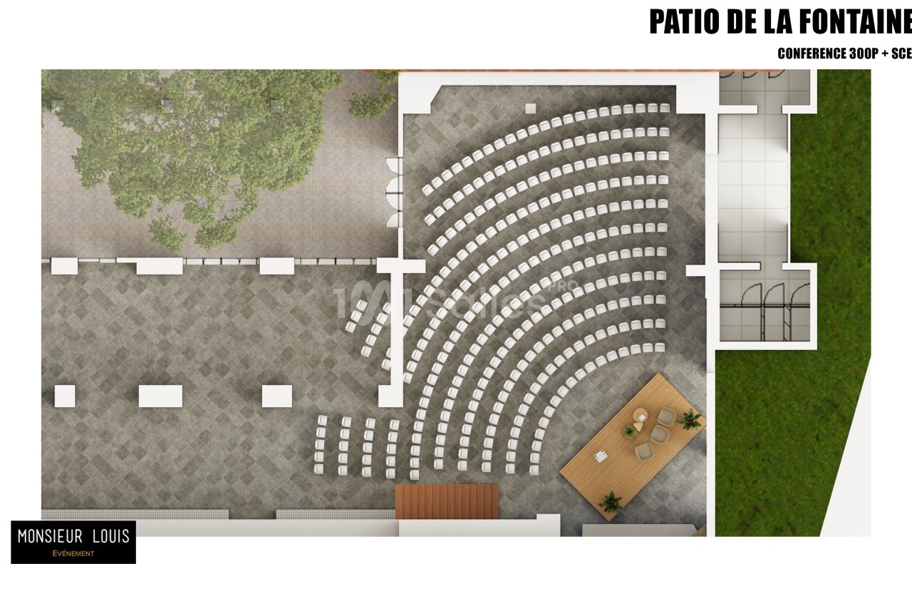 Plan d'aménagement d'une salle de conférence avec 300 sièges disposés en arc de cercle autour d'une scène.
