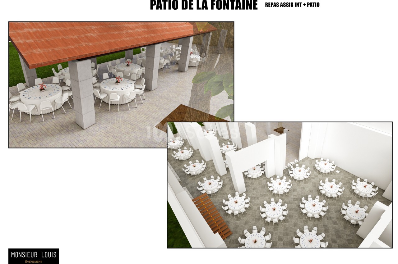Vue d'un patio extérieur et d'une salle intérieure aménagés avec des tables rondes dressées pour un repas.