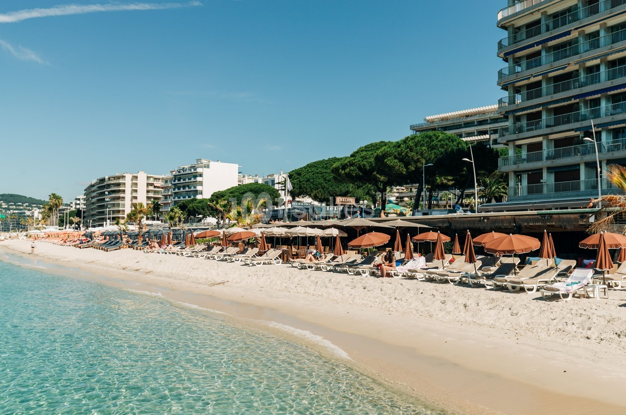 Plage bordée de transats et parasols orange, avec des immeubles modernes en arrière-plan sous un ciel dégagé.