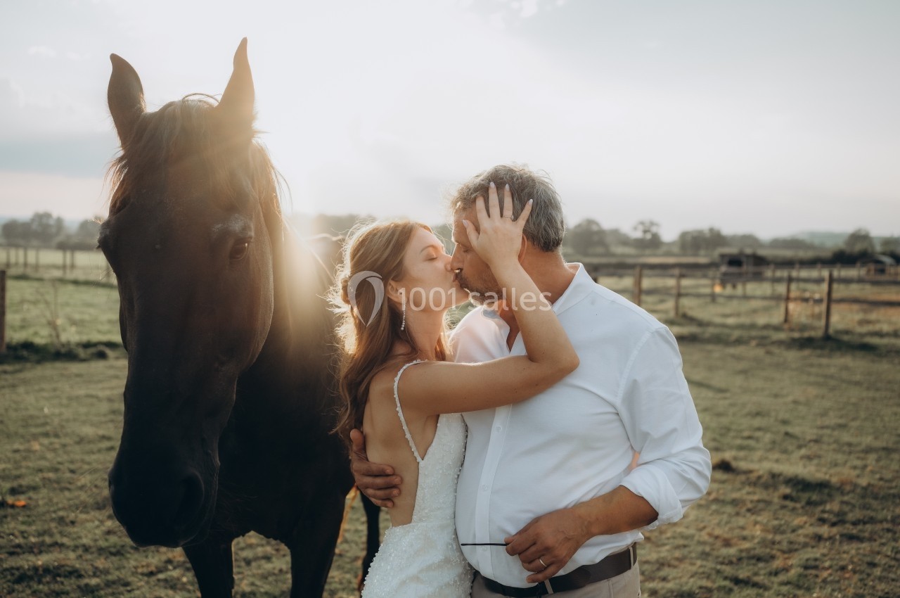 Un couple s'embrasse tendrement dans un champ au coucher du soleil, près d'un cheval noir.