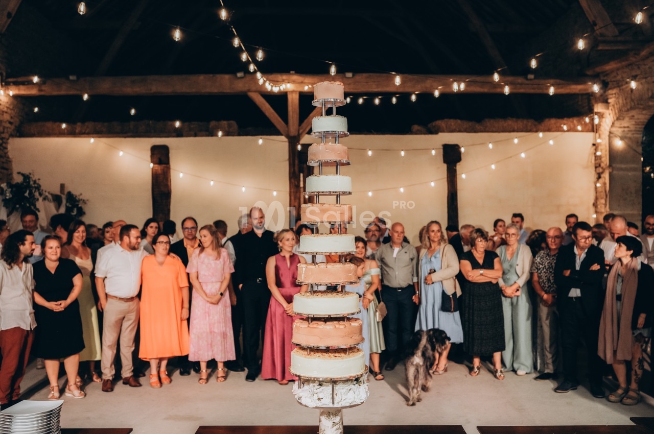 Un grand gâteau à étages au centre d'une salle éclairée, entouré de nombreux invités debout.