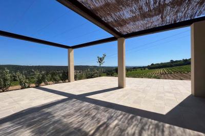 Miniature Location salle Artigues (Var) - Domaine de la Mongestine #12 Bouteille de vin rosé entourée de verres vides sur une table en bois, avec une plante en arrière-plan.