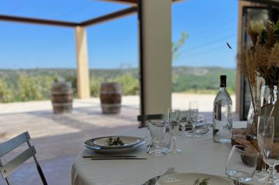Miniature Location salle Artigues (Var) - Domaine de la Mongestine #33 Bouteille de vin rosé entourée de verres vides sur une table en bois, avec une plante en arrière-plan.
