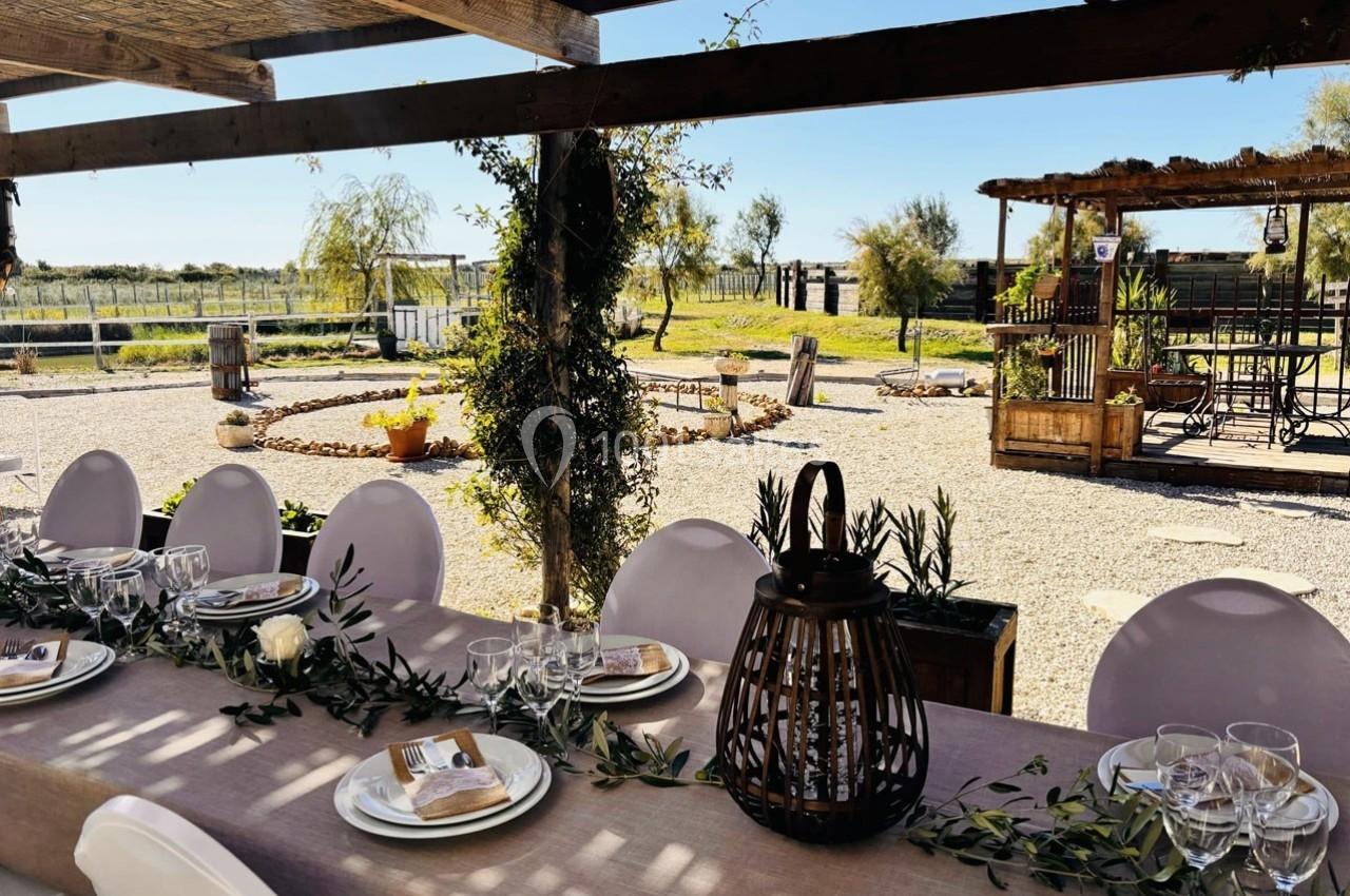 Table décorée avec vaisselle élégante et feuillage, sous une pergola en bois, avec vue sur un espace extérieur champêtre.
