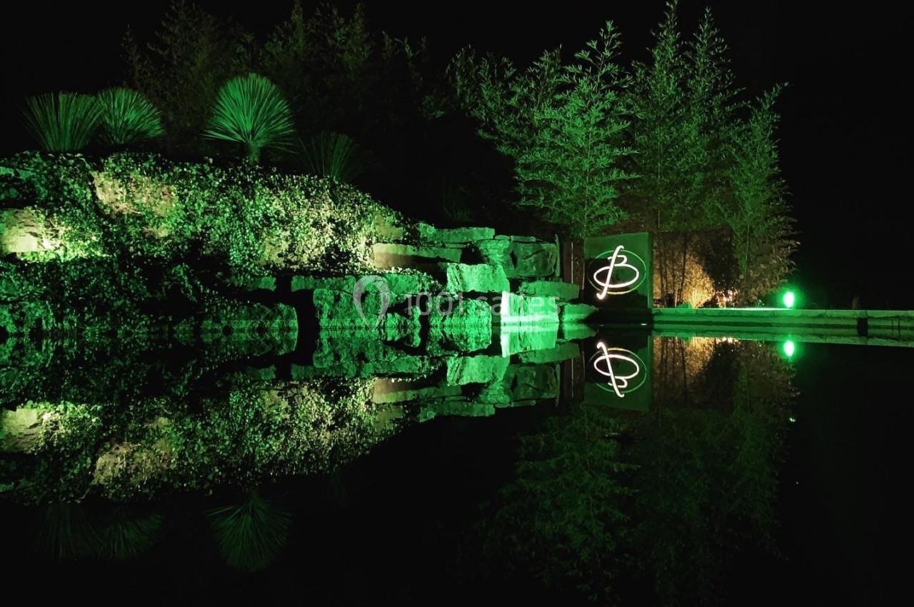 Éclairage nocturne vert illuminant des plantes, des rochers et un logo sur une structure près d'un plan d'eau calme.