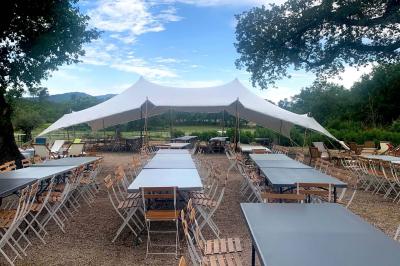 Allée centrale bordée de chaises blanches menant à une arche décorée de fleurs, dans un cadre extérieur arboré.