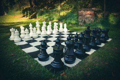 Deux structures en pierre recouvertes de végétation dans un espace herbeux entouré d'arbres.