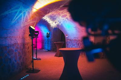 Deux structures en pierre recouvertes de végétation dans un espace herbeux entouré d'arbres.