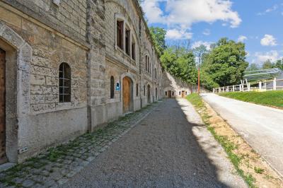 Deux structures en pierre recouvertes de végétation dans un espace herbeux entouré d'arbres.