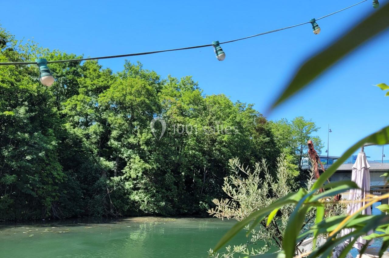 Vue d'une rivière bordée d'arbres sous un ciel bleu, avec des guirlandes lumineuses suspendues au premier plan.