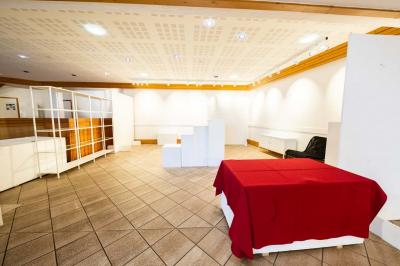 Entrée lumineuse avec tapis foncé, murs blancs, escalier en bois et plantes visibles à travers une cloison vitrée.