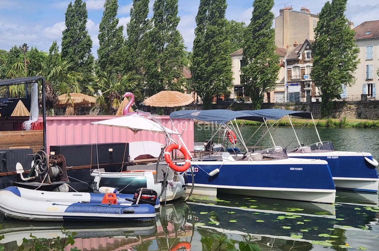 Bateaux amarrés sur un canal bordé d'arbres et de bâtiments, avec des nénuphars flottant à la surface de l'eau.