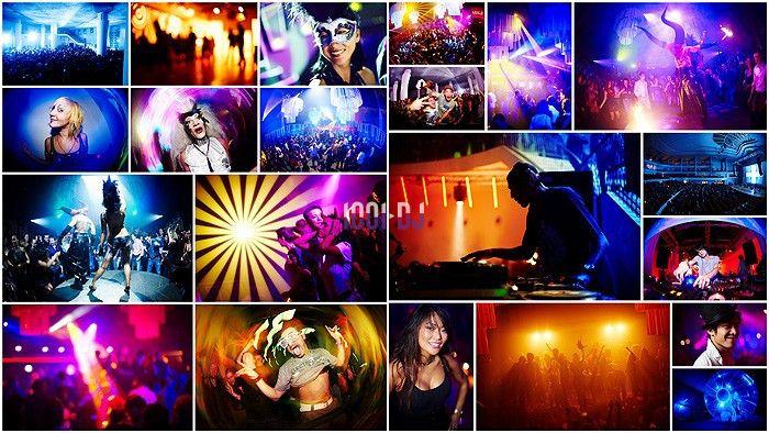Mosaïque de photos montrant des scènes de fête avec des personnes dansant, des DJ et des jeux de lumière colorés.