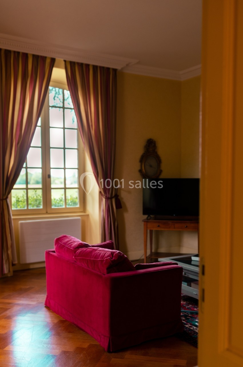 Canapé rouge dans un salon lumineux avec parquet, rideaux rayés, fenêtre ouverte et télévision sur un meuble en bois.