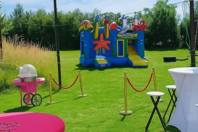 Miniature Location salle Hem (Nord) - O'Green du Château d'Hem #56 Gâteau rectangulaire décoré de fruits rouges et de cœurs en sucre, posé sur une table en bois.
