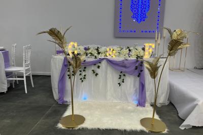 Miniature Location salle Herblay (Val-d'Oise) - Dream #7 Canapé beige avec décorations dorées, tables basses et chaises blanches dans une salle ornée de panneaux lumineux bleus.