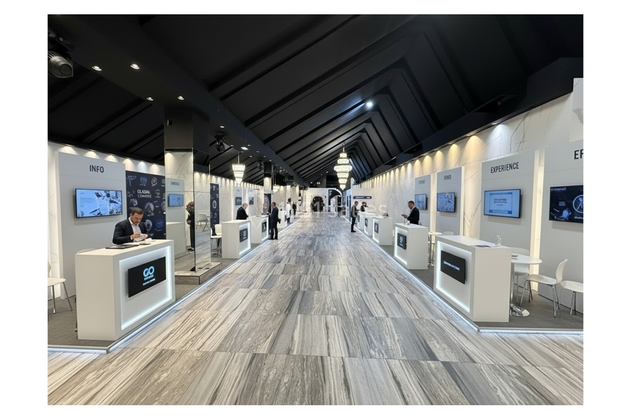 Vue d'un hall d'exposition moderne avec des stands alignés des deux côtés et un éclairage lumineux.