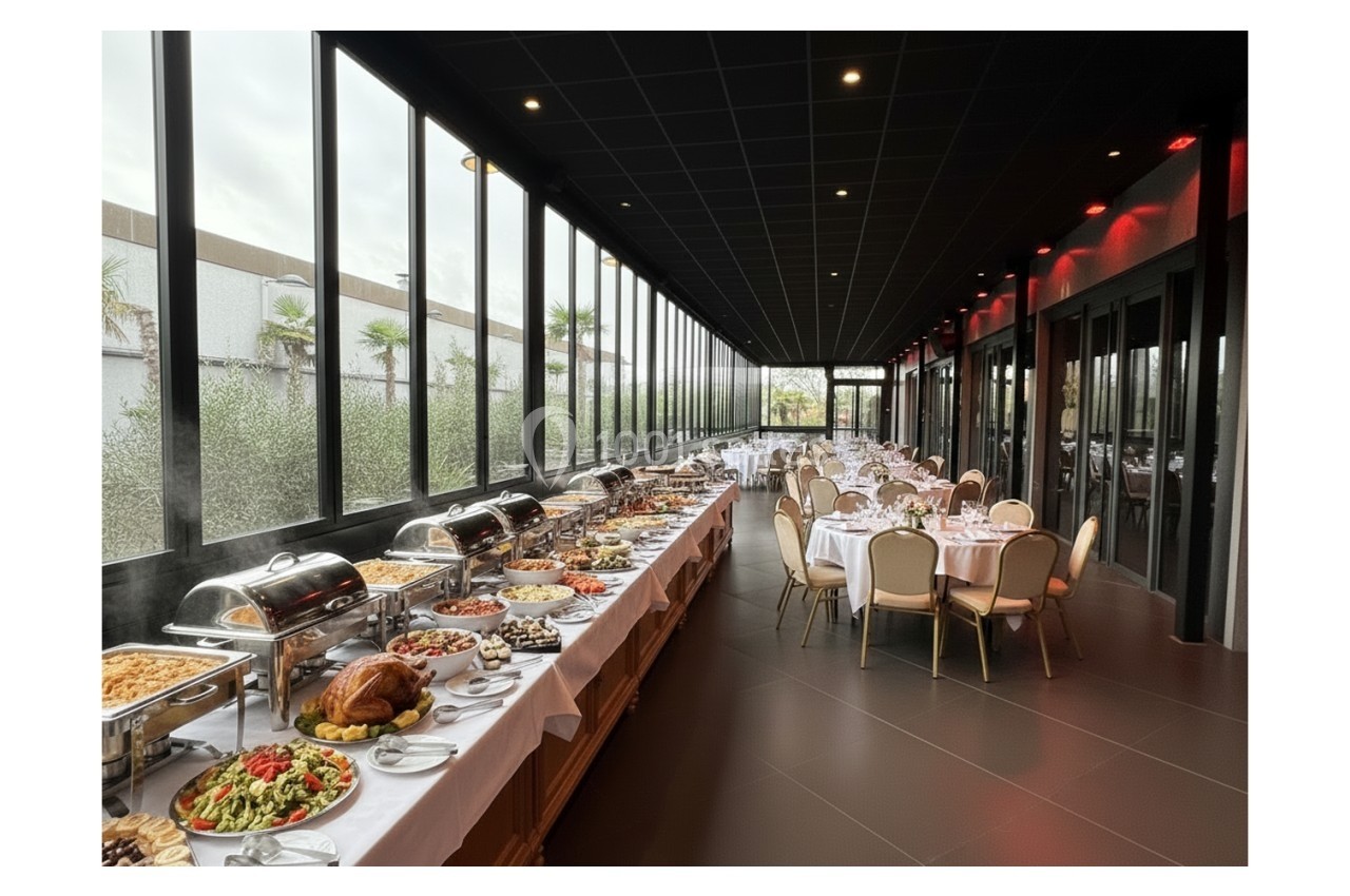 Buffet varié disposé sur de longues tables dans une salle lumineuse avec baies vitrées et tables dressées en arrière-plan.