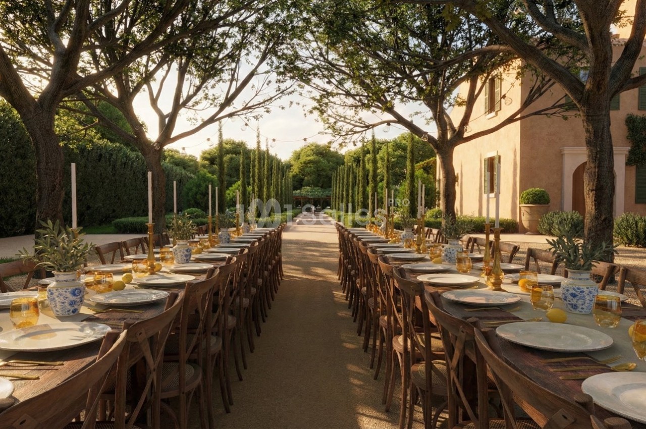 Grande table dressée en extérieur sous des arbres, avec vaisselle, bougies et citrons, devant une maison provençale.