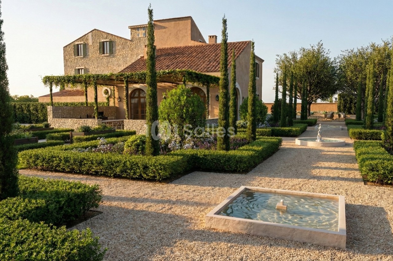 Jardin aménagé avec des allées gravillonnées, des haies taillées, des cyprès, une fontaine et une maison en arrière-plan.