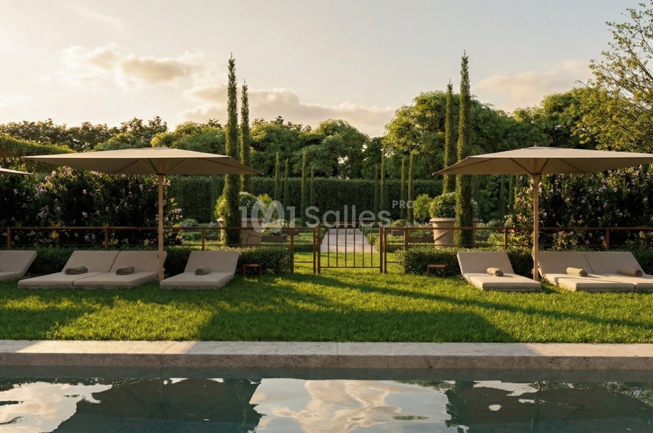 Chaises longues et parasols alignés sur une pelouse près d'une piscine, entourés de haies et d'arbres.
