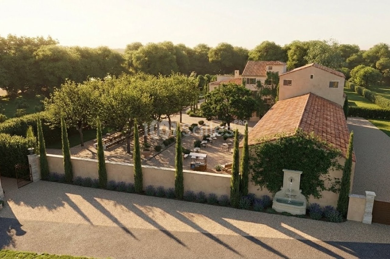 Vue aérienne d'une propriété provençale avec jardin, allée bordée de cyprès et bâtiments en pierre entourés de verdure.