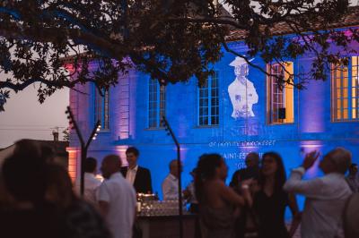 Vue aérienne d'un domaine viticole entouré de vignes, avec un plan d'eau visible à l'horizon.
