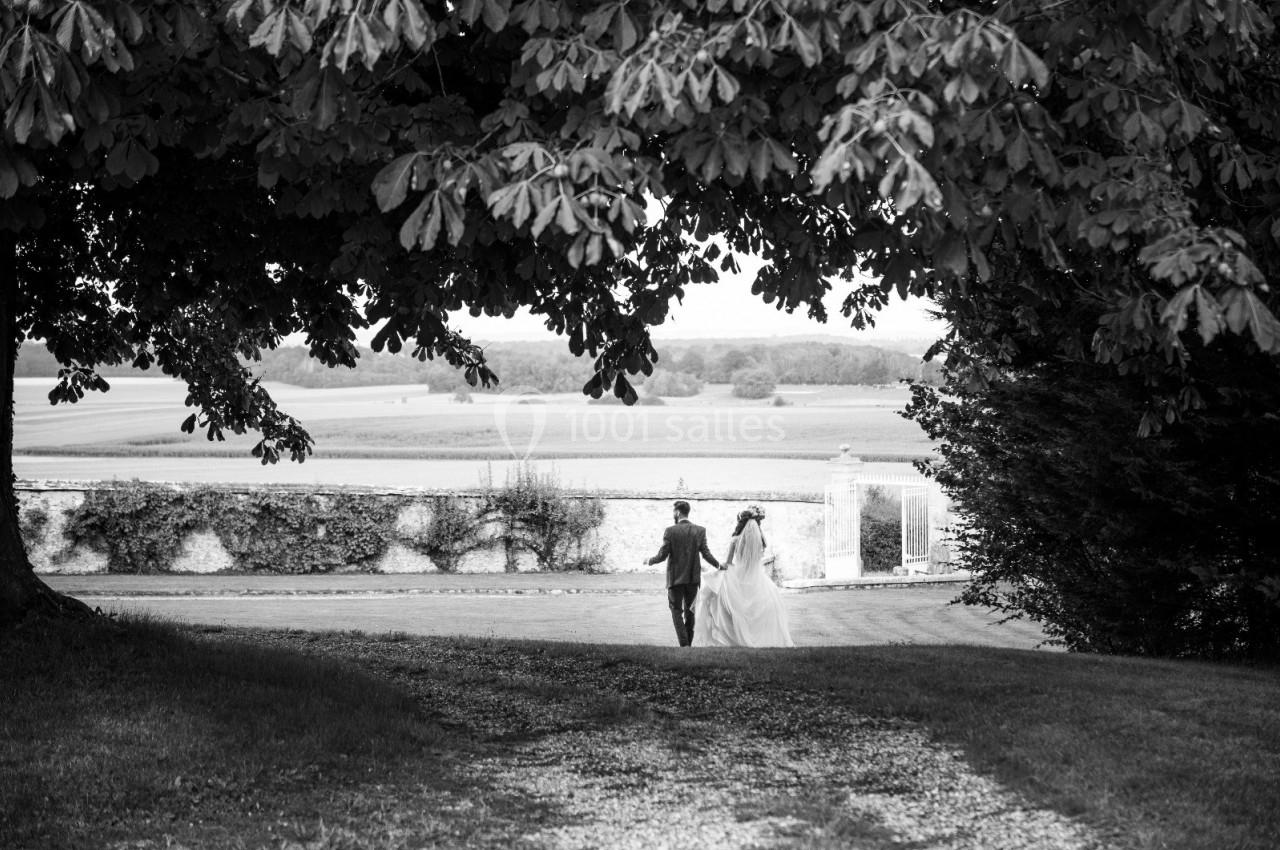 Location salle Wy-dit-Joli-Village (Val-d'Oise) - Château d'Hazeville #16 Un couple en tenue de mariage marche main dans la main sous un grand arbre, avec un paysage champêtre en arrière-plan.