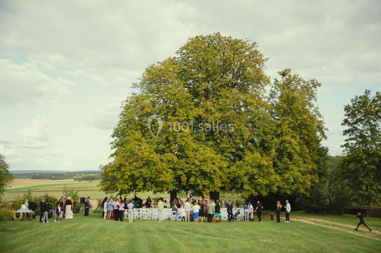 Location salle Wy-dit-Joli-Village (Val-d'Oise) - Château d'Hazeville #29 Groupe de personnes rassemblées en plein air sous un grand arbre dans un paysage champêtre.